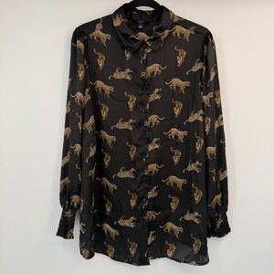HAVER London Womens 2X Black Leopard Print Satin Button Down Blouse Statement